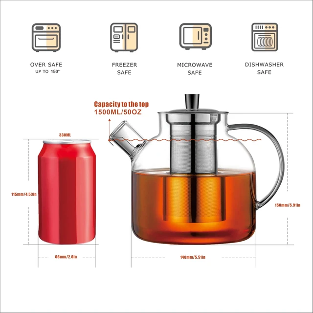 Alt view image 4 of 7 - 1500ml(50oz) Glass Teapot with Removable Infuser, Stovetop Safe Large Tea Pot, Blooming and Loose Leaf Hand Crafted Kettle for Women and Adult with Stainless Infuser