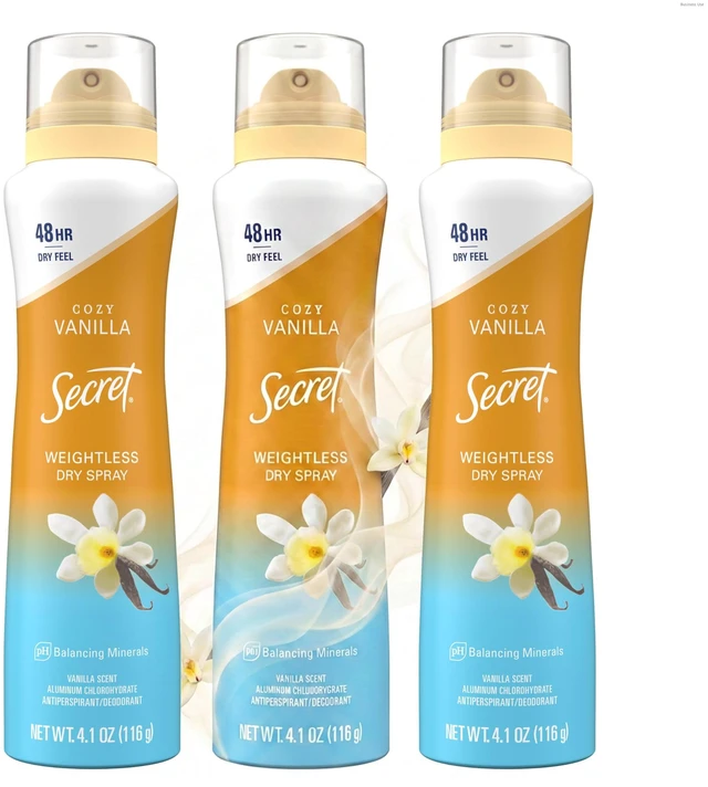 Main image of Dry Spray Antiperspirant for Women, Cozy Vanilla, 4.1 oz Pack of 3 | 48HR Weightless Sweat & Odor Protection | Dry Feel Deodorant | Eliminates Odors & Dermatologist Tested | Gentle on Skin