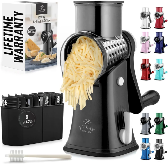 Main image of Rotary Cheese Grater Hand Crank, Vegetable Shredder - Black & Chrome | 5 Blades, 304 Stainless Steel, 15 x Faster Prep, Upgraded Suction Base, BPA Free, Dishwasher Safe, Cheese Shredder
