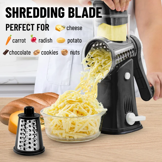 Alt view image 3 of 7 - Rotary Cheese Grater Hand Crank, Vegetable Shredder - Black & Chrome | 5 Blades, 304 Stainless Steel, 15 x Faster Prep, Upgraded Suction Base, BPA Free, Dishwasher Safe, Cheese Shredder