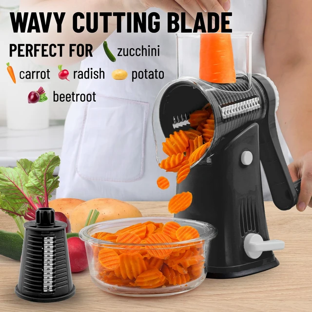 Alt view image 4 of 7 - Rotary Cheese Grater Hand Crank, Vegetable Shredder - Black & Chrome | 5 Blades, 304 Stainless Steel, 15 x Faster Prep, Upgraded Suction Base, BPA Free, Dishwasher Safe, Cheese Shredder