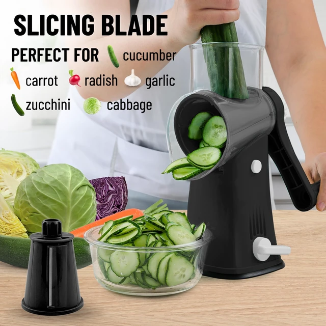 Alt view image 5 of 7 - Rotary Cheese Grater Hand Crank, Vegetable Shredder - Black & Chrome | 5 Blades, 304 Stainless Steel, 15 x Faster Prep, Upgraded Suction Base, BPA Free, Dishwasher Safe, Cheese Shredder