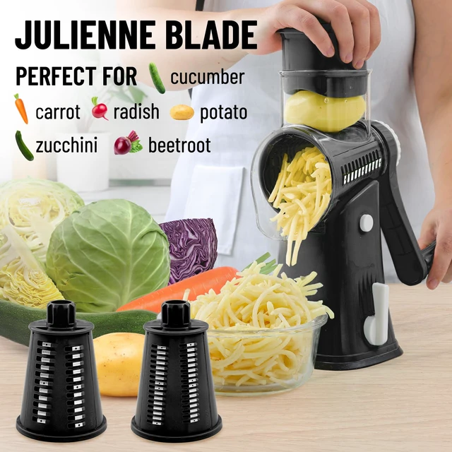 Alt view image 6 of 7 - Rotary Cheese Grater Hand Crank, Vegetable Shredder - Black & Chrome | 5 Blades, 304 Stainless Steel, 15 x Faster Prep, Upgraded Suction Base, BPA Free, Dishwasher Safe, Cheese Shredder