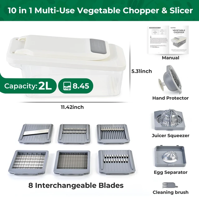 Alt view image 5 of 7 - Vegetable Chopper Mandoline Slicer, 6 Blade Chopper, 10-in-1 Gray | Onion Potato Dicer, Salad Vegetable Cutter, Carrot & Cucumber Chopper, Kitchen Essentials for Family Dinners (Grayish White)
