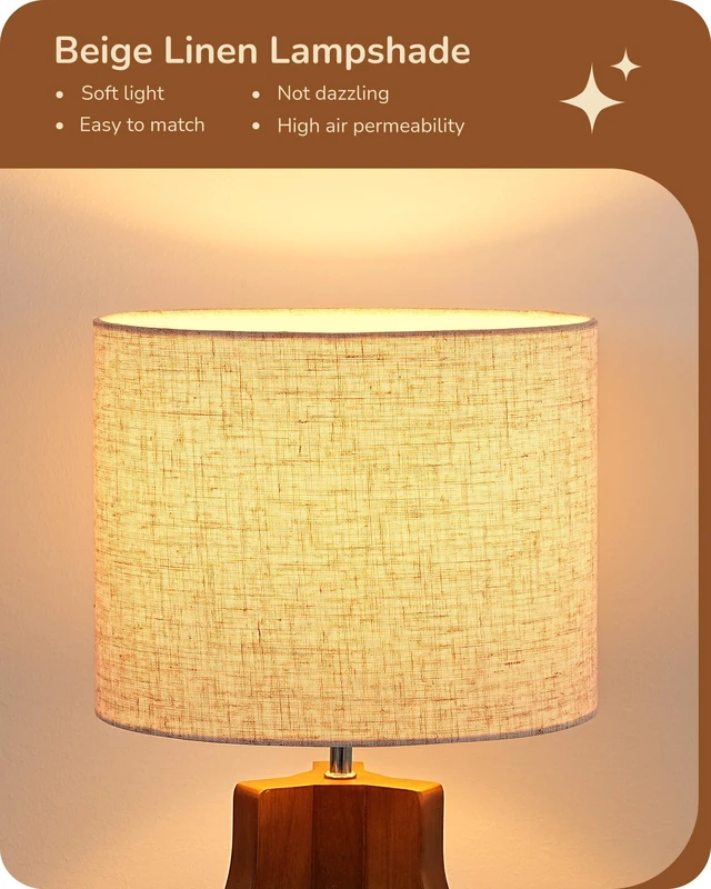 Alt view image 3 of 7 - 14.6" Modern Table Lamp, Rose Wood Base Nightstand Lamp, E26 Base | Beige Linen Shade, On-Off Line Switch, Small Cute Bedside Lamp for Living Room, Bedroom, Office