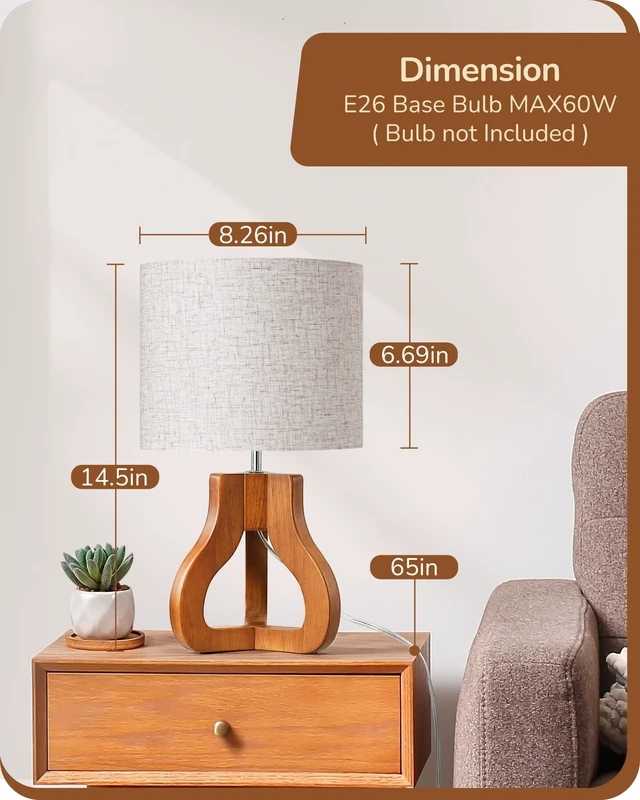 Alt view image 4 of 7 - 14.6" Modern Table Lamp, Rose Wood Base Nightstand Lamp, E26 Base | Beige Linen Shade, On-Off Line Switch, Small Cute Bedside Lamp for Living Room, Bedroom, Office