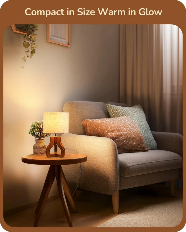 Alt view image 6 of 7 - 14.6" Modern Table Lamp, Rose Wood Base Nightstand Lamp, E26 Base | Beige Linen Shade, On-Off Line Switch, Small Cute Bedside Lamp for Living Room, Bedroom, Office