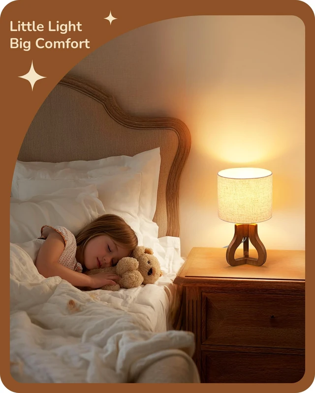 Alt view image 7 of 7 - 14.6" Modern Table Lamp, Rose Wood Base Nightstand Lamp, E26 Base | Beige Linen Shade, On-Off Line Switch, Small Cute Bedside Lamp for Living Room, Bedroom, Office