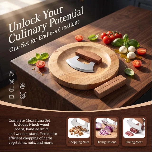 Alt view image 2 of 7 - 3 Pcs Mezzaluna Ulu Knife and 9.5" Wooden Cutting Board Set | Rocker Knife with Wood Handle & Stand,Alaskan Pizza Cutter,Chopper for Meat,Vegetable,Herb,Nuts,Kitchen Gift