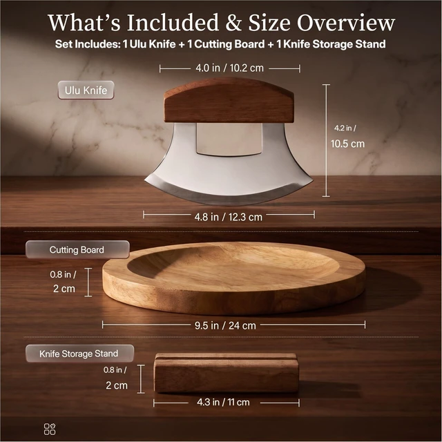 Alt view image 3 of 7 - 3 Pcs Mezzaluna Ulu Knife and 9.5" Wooden Cutting Board Set | Rocker Knife with Wood Handle & Stand,Alaskan Pizza Cutter,Chopper for Meat,Vegetable,Herb,Nuts,Kitchen Gift