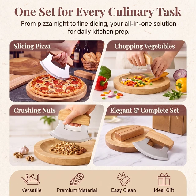Alt view image 4 of 7 - 3 Pcs Mezzaluna Ulu Knife and 9.5" Wooden Cutting Board Set | Rocker Knife with Wood Handle & Stand,Alaskan Pizza Cutter,Chopper for Meat,Vegetable,Herb,Nuts,Kitchen Gift