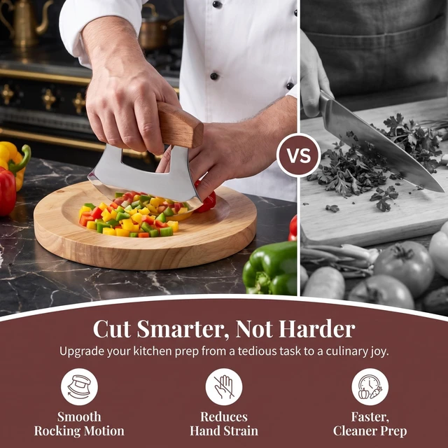 Alt view image 5 of 7 - 3 Pcs Mezzaluna Ulu Knife and 9.5" Wooden Cutting Board Set | Rocker Knife with Wood Handle & Stand,Alaskan Pizza Cutter,Chopper for Meat,Vegetable,Herb,Nuts,Kitchen Gift