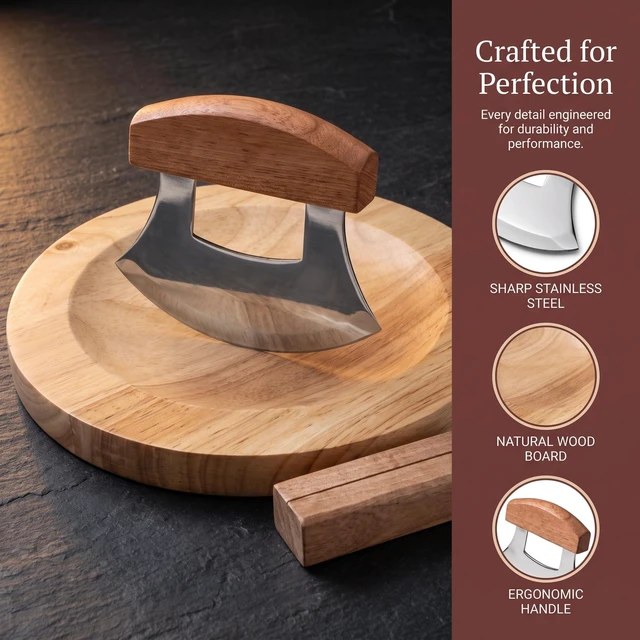 Alt view image 6 of 7 - 3 Pcs Mezzaluna Ulu Knife and 9.5" Wooden Cutting Board Set | Rocker Knife with Wood Handle & Stand,Alaskan Pizza Cutter,Chopper for Meat,Vegetable,Herb,Nuts,Kitchen Gift