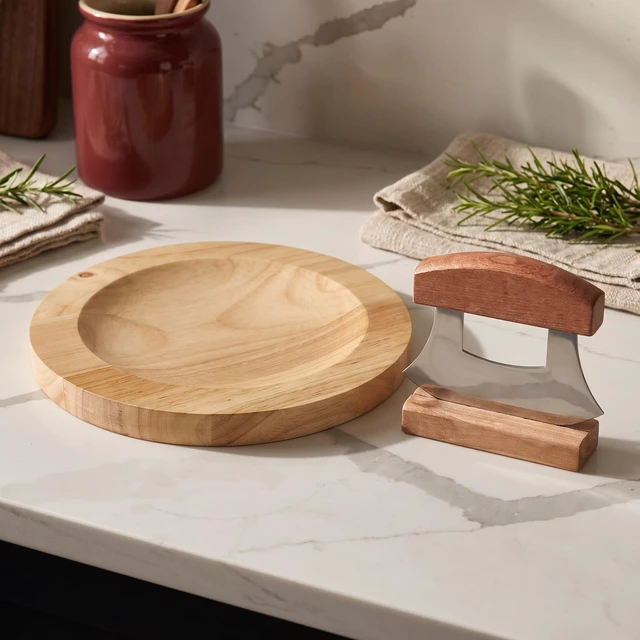 Alt view image 7 of 7 - 3 Pcs Mezzaluna Ulu Knife and 9.5" Wooden Cutting Board Set | Rocker Knife with Wood Handle & Stand,Alaskan Pizza Cutter,Chopper for Meat,Vegetable,Herb,Nuts,Kitchen Gift