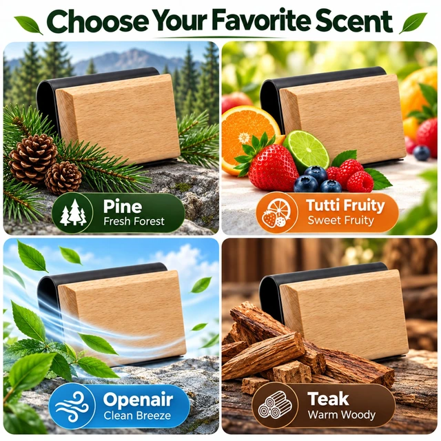 Alt view image 5 of 7 - Car Air Freshener 4 Pack, Wood Visor Clip, Long Lasting Aroma | Nature Inspired Wood Aroma With Pine, Tutti Fruity, Openair And Teak Scents, Fits Cars, Trucks And SUVs With Included Clip