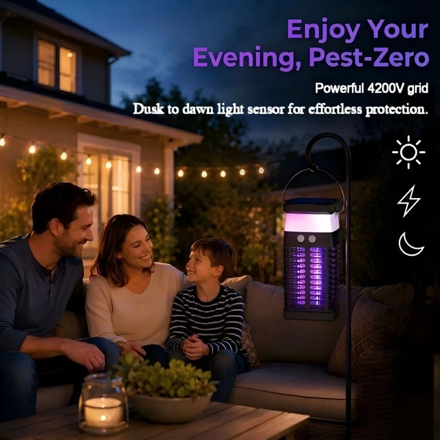 Alt view image 4 of 7 - Solar Bug Zapper 4200V Mosquito Killer for Indoor & Outdoor | 4000mah USB Rechargeable Battery, Fly Trap for Gnat, Fruit Fly, Moths, Portable Pest Control for Camping, Garden, Patio