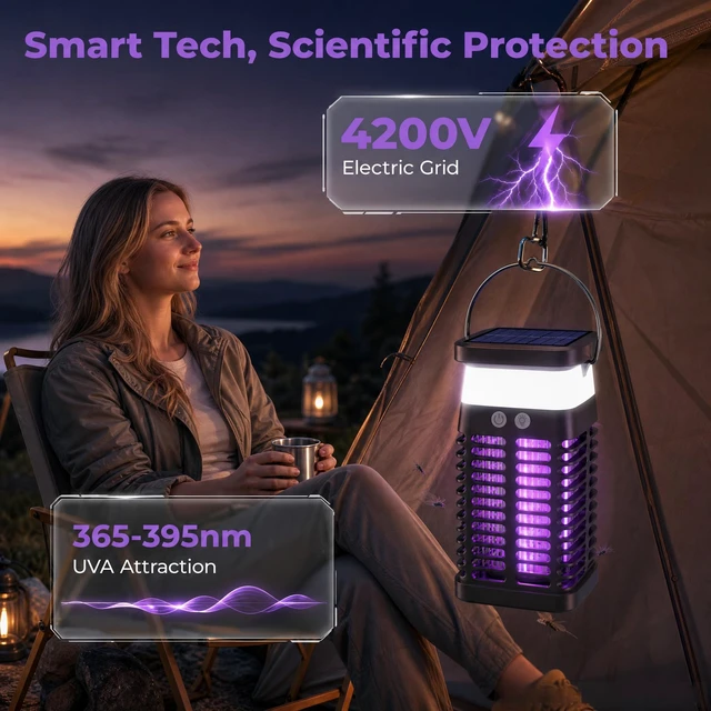 Alt view image 3 of 7 - Solar Bug Zapper 4200V Mosquito Killer for Indoor & Outdoor | 4000mah USB Rechargeable Battery, Fly Trap for Gnat, Fruit Fly, Moths, Portable Pest Control for Camping, Garden, Patio