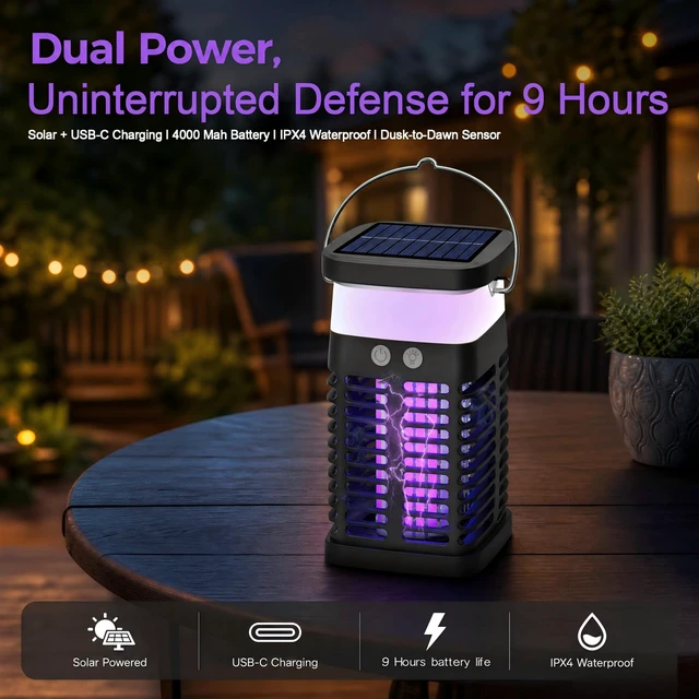 Alt view image 2 of 7 - Solar Bug Zapper 4200V Mosquito Killer for Indoor & Outdoor | 4000mah USB Rechargeable Battery, Fly Trap for Gnat, Fruit Fly, Moths, Portable Pest Control for Camping, Garden, Patio