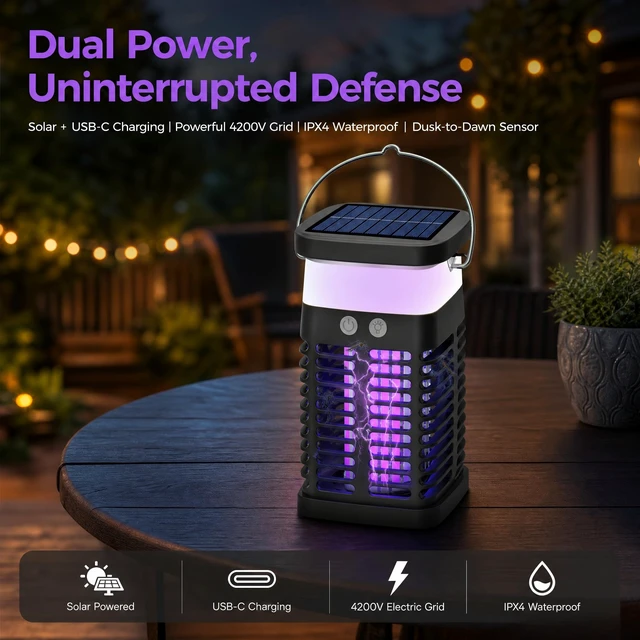 Alt view image 5 of 7 - Solar Bug Zapper 4200V Mosquito Killer for Indoor & Outdoor | 4000mah USB Rechargeable Battery, Fly Trap for Gnat, Fruit Fly, Moths, Portable Pest Control for Camping, Garden, Patio