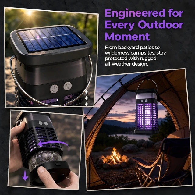 Alt view image 6 of 7 - Solar Bug Zapper 4200V Mosquito Killer for Indoor & Outdoor | 4000mah USB Rechargeable Battery, Fly Trap for Gnat, Fruit Fly, Moths, Portable Pest Control for Camping, Garden, Patio