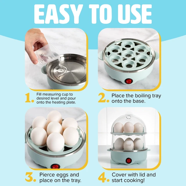 Alt view image 4 of 7 - 2-Tier Electric Egg Cooker, Hard Boiled Egg Cooker, Poacher, Omelet Maker with Auto Shut-Off, Stainless Steel Heating Plate, 14-Egg Capacity, Aqua