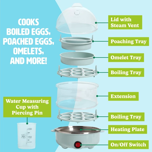Alt view image 6 of 7 - 2-Tier Electric Egg Cooker, Hard Boiled Egg Cooker, Poacher, Omelet Maker with Auto Shut-Off, Stainless Steel Heating Plate, 14-Egg Capacity, Aqua
