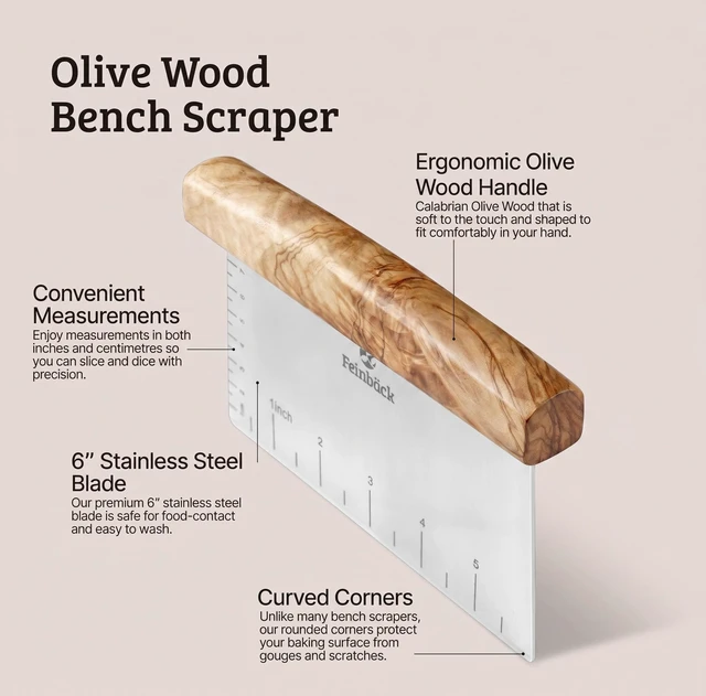 Alt view image 2 of 7 - Olive Wood 3"x 6" Bench Scraper, Stainless Steel | For Bread, Dough Scraper, Rounded Corners, Vegetable Chopper Pizza Cutter