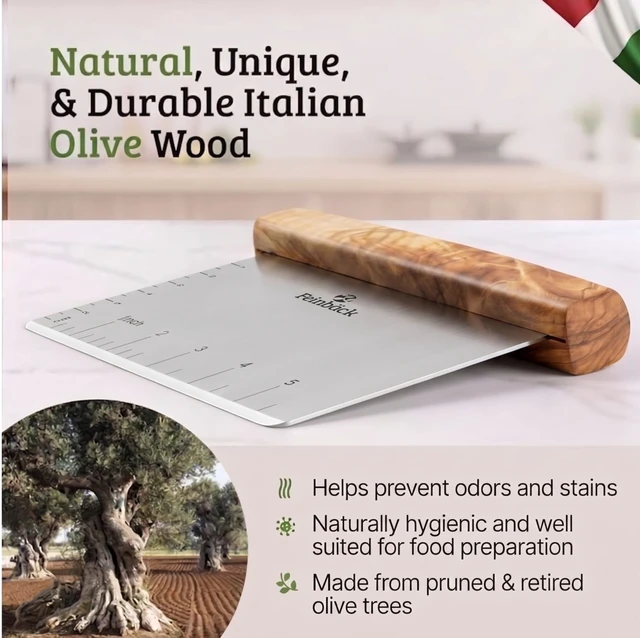 Alt view image 3 of 7 - Olive Wood 3"x 6" Bench Scraper, Stainless Steel | For Bread, Dough Scraper, Rounded Corners, Vegetable Chopper Pizza Cutter