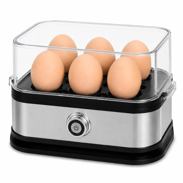 Main image of 6-Egg Electric Egg Cooker, Stainless Steel Body, Auto Heat Shut-Off | Soft, Medium or Hard-Boiled Eggs, One-Touch Operation, Removable Tray and Lid, Compact for Breakfast and Meal Prep