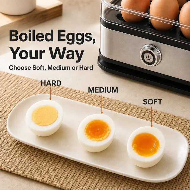 Alt view image 2 of 7 - 6-Egg Electric Egg Cooker, Stainless Steel Body, Auto Heat Shut-Off | Soft, Medium or Hard-Boiled Eggs, One-Touch Operation, Removable Tray and Lid, Compact for Breakfast and Meal Prep