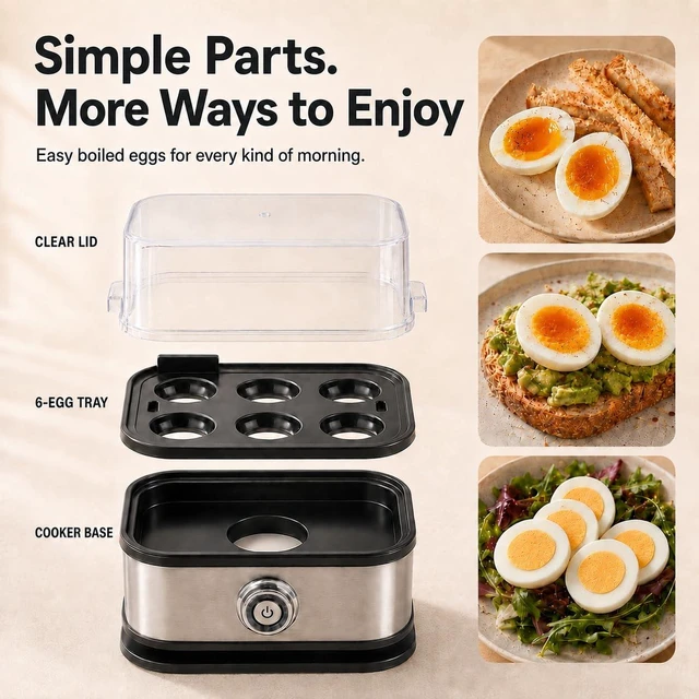 Alt view image 3 of 7 - 6-Egg Electric Egg Cooker, Stainless Steel Body, Auto Heat Shut-Off | Soft, Medium or Hard-Boiled Eggs, One-Touch Operation, Removable Tray and Lid, Compact for Breakfast and Meal Prep
