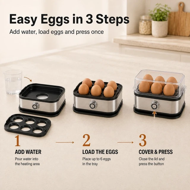 Alt view image 4 of 7 - 6-Egg Electric Egg Cooker, Stainless Steel Body, Auto Heat Shut-Off | Soft, Medium or Hard-Boiled Eggs, One-Touch Operation, Removable Tray and Lid, Compact for Breakfast and Meal Prep