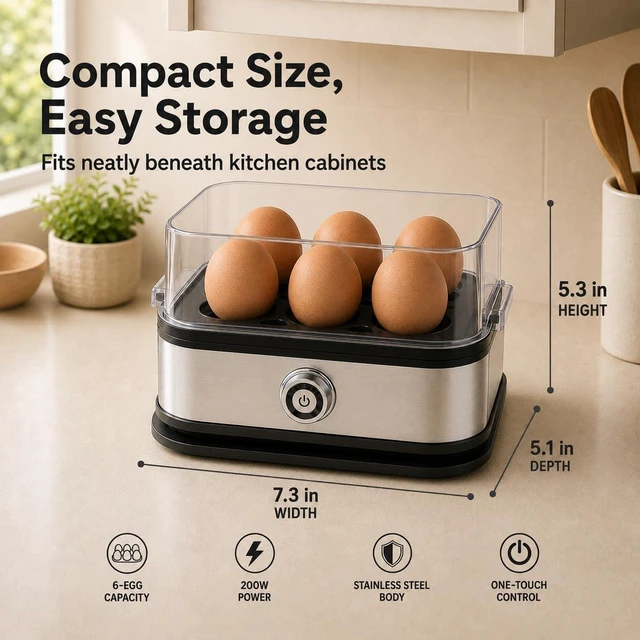 Alt view image 5 of 7 - 6-Egg Electric Egg Cooker, Stainless Steel Body, Auto Heat Shut-Off | Soft, Medium or Hard-Boiled Eggs, One-Touch Operation, Removable Tray and Lid, Compact for Breakfast and Meal Prep