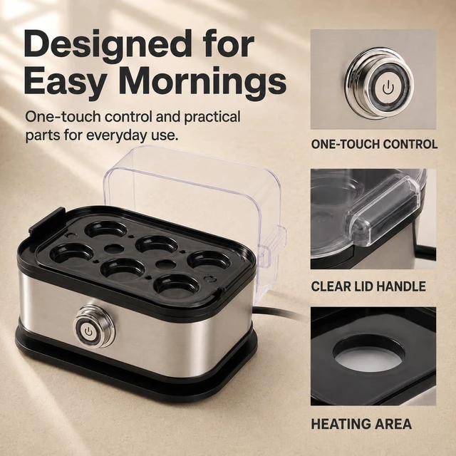 Alt view image 6 of 7 - 6-Egg Electric Egg Cooker, Stainless Steel Body, Auto Heat Shut-Off | Soft, Medium or Hard-Boiled Eggs, One-Touch Operation, Removable Tray and Lid, Compact for Breakfast and Meal Prep