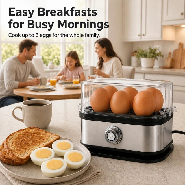 Alt view image 7 of 7 - 6-Egg Electric Egg Cooker, Stainless Steel Body, Auto Heat Shut-Off | Soft, Medium or Hard-Boiled Eggs, One-Touch Operation, Removable Tray and Lid, Compact for Breakfast and Meal Prep