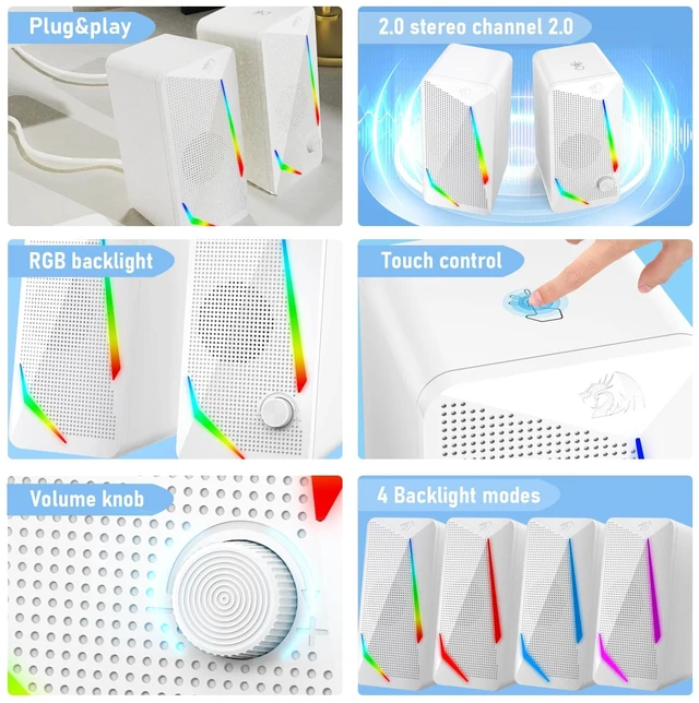 Alt view image 3 of 7 - GS510 RGB Wired Desktop Speakers, 2.0 Channel Stereo Sound, White | 4 Colorful LED Backlight Modes, Enhanced Bass, Easy-Access Volume Control, Plug & Play USB Powered PC Gaming Speaker