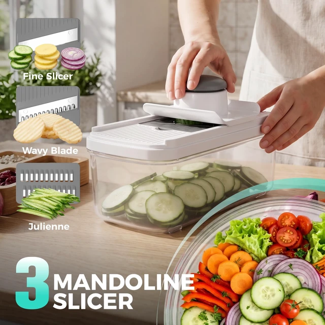 Alt view image 5 of 7 - 9-in-1 Vegetable Chopper & Mandoline Slicer, 7 Blades, Drain Basket | Food and Veggie Chopper and Dicer, Grater, Kitchen Prep Tool with Container, Safety Holder, Interchangeable Blades