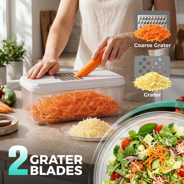 Alt view image 6 of 7 - 9-in-1 Vegetable Chopper & Mandoline Slicer, 7 Blades, Drain Basket | Food and Veggie Chopper and Dicer, Grater, Kitchen Prep Tool with Container, Safety Holder, Interchangeable Blades