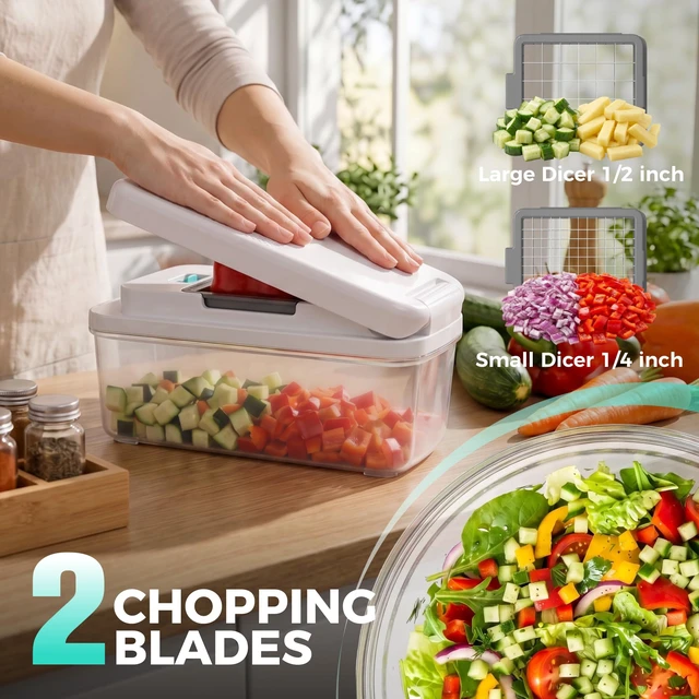 Alt view image 7 of 7 - 9-in-1 Vegetable Chopper & Mandoline Slicer, 7 Blades, Drain Basket | Food and Veggie Chopper and Dicer, Grater, Kitchen Prep Tool with Container, Safety Holder, Interchangeable Blades