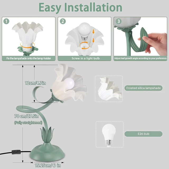 Alt view image 6 of 7 - Women Bedside Table Lamps for Bedroom, Cute Flower Desk Lamp With Adjustable Flexible Gooseneck, 3 Color Temperatures Nightstand Lamp with E26 LED Bulbs, Floral Lamp for Living Room, Office ,Reading