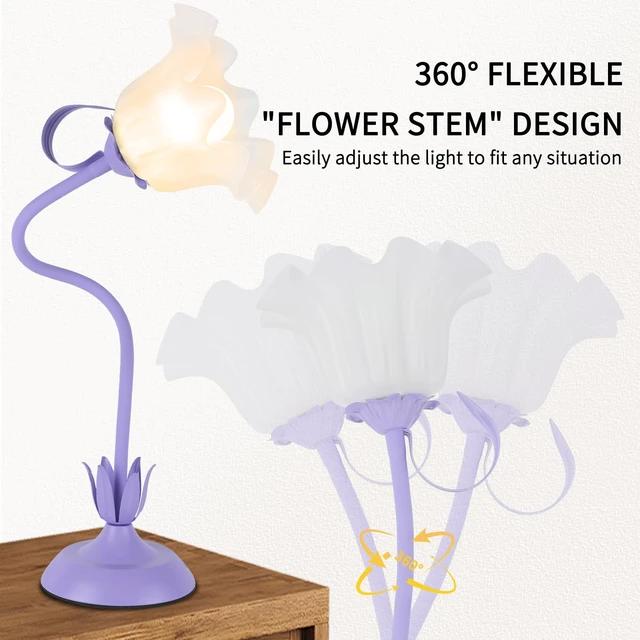 Alt view image 2 of 7 - Cute Flower Desk Lamp, 3 Color Temperature Table Lamp with LED Bulb, Vintage Bedside Lamps, Reading Lamps with Soft Light for Bedroom, Living RoomPurple