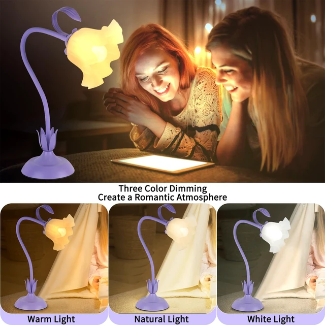 Alt view image 3 of 7 - Cute Flower Desk Lamp, 3 Color Temperature Table Lamp with LED Bulb, Vintage Bedside Lamps, Reading Lamps with Soft Light for Bedroom, Living RoomPurple