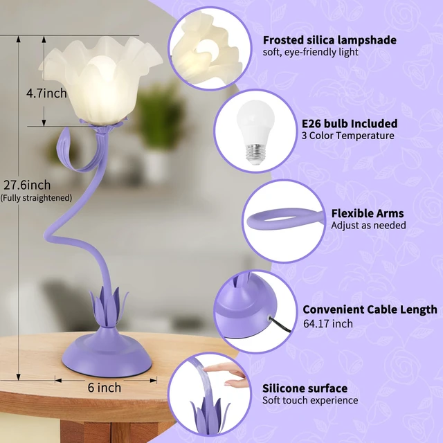 Alt view image 4 of 7 - Cute Flower Desk Lamp, 3 Color Temperature Table Lamp with LED Bulb, Vintage Bedside Lamps, Reading Lamps with Soft Light for Bedroom, Living RoomPurple