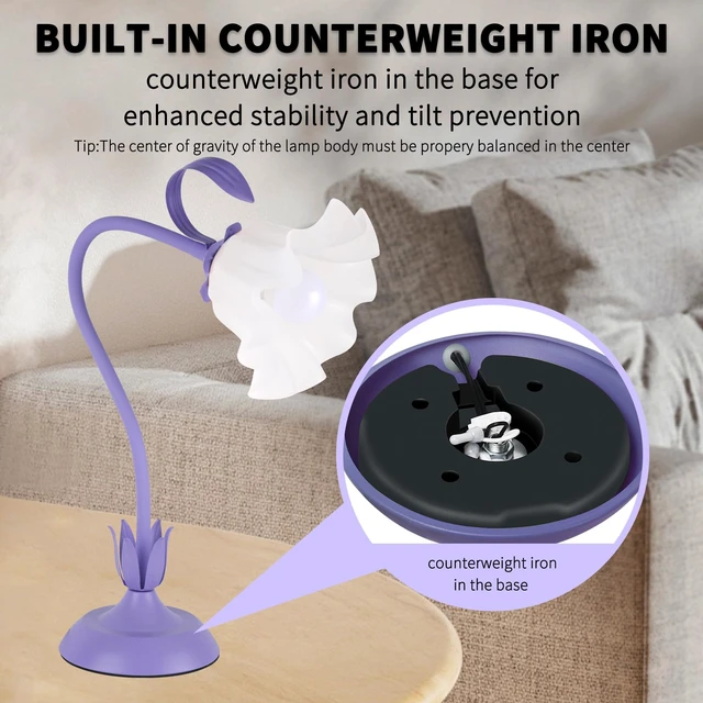 Alt view image 6 of 7 - Cute Flower Desk Lamp, 3 Color Temperature Table Lamp with LED Bulb, Vintage Bedside Lamps, Reading Lamps with Soft Light for Bedroom, Living RoomPurple
