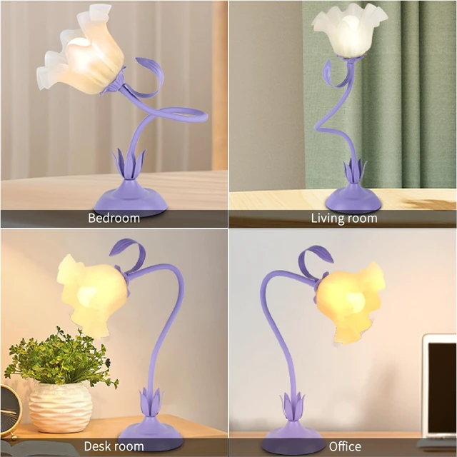Alt view image 7 of 7 - Cute Flower Desk Lamp, 3 Color Temperature Table Lamp with LED Bulb, Vintage Bedside Lamps, Reading Lamps with Soft Light for Bedroom, Living RoomPurple