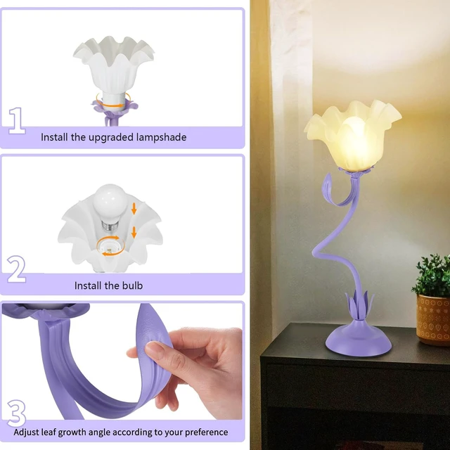 Alt view image 5 of 7 - Cute Flower Desk Lamp, 3 Color Temperature Table Lamp with LED Bulb, Vintage Bedside Lamps, Reading Lamps with Soft Light for Bedroom, Living RoomPurple