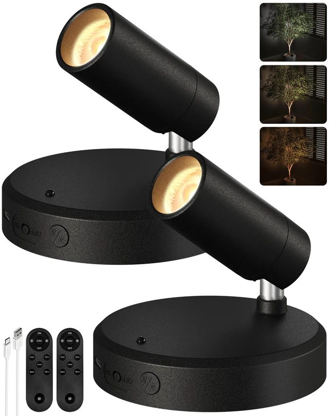 Main image of Indoor Spotlights, Picture Lights For Wall, Plant Up lights | 5000mAh Rechargeable Battery, with Remote, Mini, Wireless, Magnetic, Timer, 3 Color Temps, Plant, Art, Wall Decor, 2-Pack
