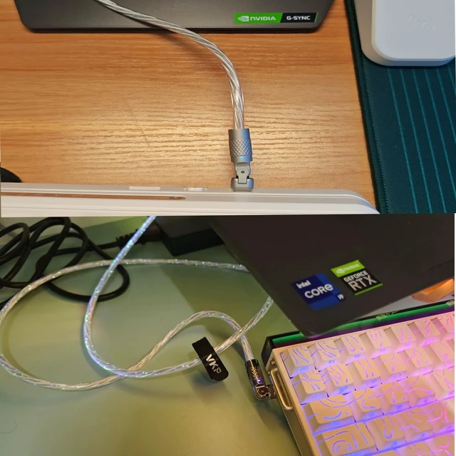 Alt view image 6 of 7 - 8K Mechanical Keyboard Cable with Magnetic Axis, Silver RGB Light Up Cable, Rotatable USB-C Port, Zinc Alloy+TPE, 10W Transmission, Stable Connection No Lag for Gaming/Office,1.5Meter