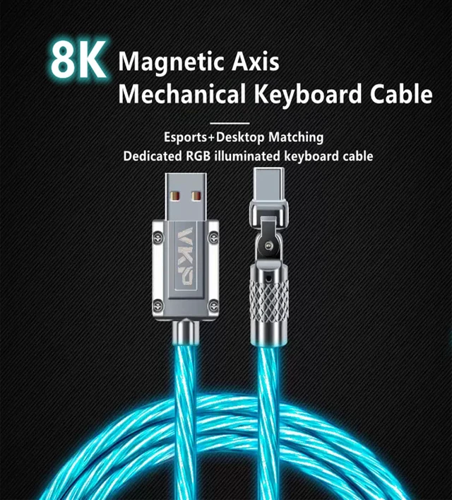 Alt view image 2 of 7 - 8K Mechanical Keyboard Cable with Magnetic Axis, Silver RGB Light Up Cable, Rotatable USB-C Port, Zinc Alloy+TPE, 10W Transmission, Stable Connection No Lag for Gaming/Office,1.5Meter