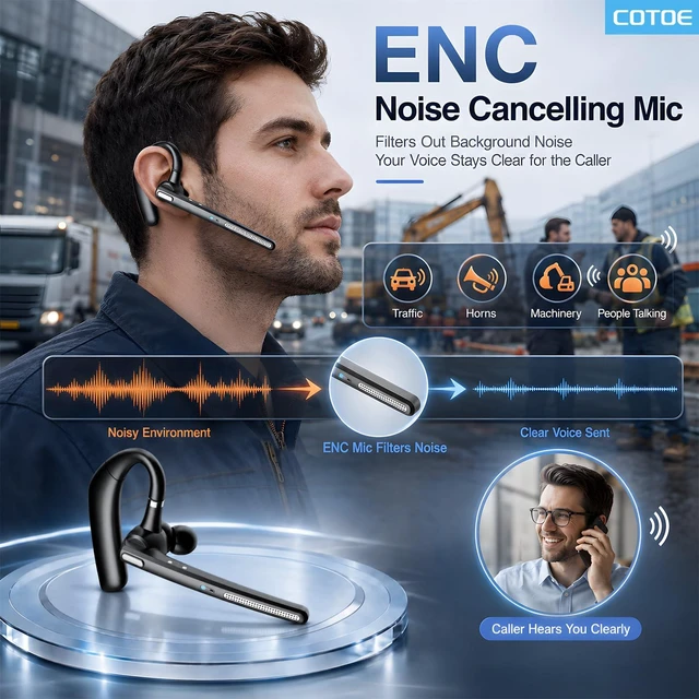 Alt view image 3 of 7 - Headset with Noise Cancelling Mic,Wireless Earpiece for Trucker | Bluetooth V5.3 Earpiece with Mute Button for Work,DrivingHands-Free Headphones with 72-Hour Talk Time & 500mAh Charging Case